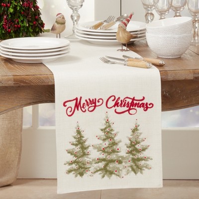 Natural Merry Christmas Trees Cotton Polyester Table Runner