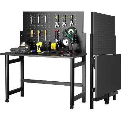 Heavy-Duty Wall-Mounted Workbench, Workbench with Pegboard, Work Bench Table for Foldable, Metal Tool Work Bench for Garage Warehouse Workshop, Black
