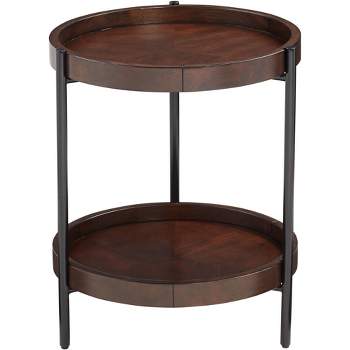 55 Downing Street Taos Industrial Metal Wood Round Accent Side End Table 20 1/4" Wide Bronze Walnut Tray Tabletop Shelf for Living Room Bedroom House
