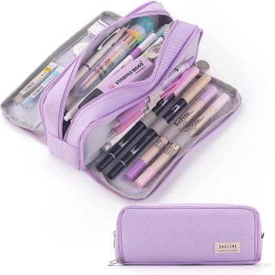 Paaaawaters Large Capacity Pencil Case 3 Compartment Pouch Pen Bag for School Teen Girl Boy Men Women (Pink)