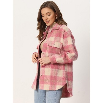 Allegra K Women's Plaid Flap Collar Button Front Pockets Shirt Jackets Pink Medium — фото 3