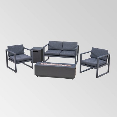 Carver 5pc Aluminum Chat Set with Fire Pit & Tank Holder - Dark Gray/Black/Dark Gray - Christopher Knight Home