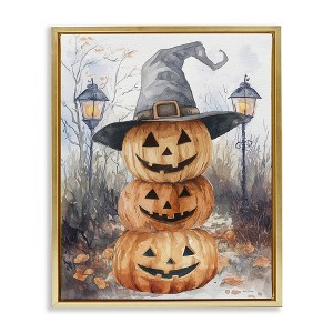 Stupell Industries Stacked Jack-o-Lanterns with Witch Hat Floating Frame Canvas Art, Gold, 25" x 31" - 1 of 4