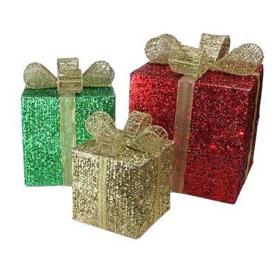 Northlight Set of 3 Red Pre-Lit Glittering Gift Boxes Christmas Outdoor Decor 15"