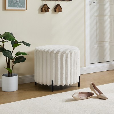 Grungis 22.05"W Round Faux Fur Pouf Ottoman with Black Metal Legs, Ottoman with Upholstered Footrest for Living Room, Bedroom & Entryway, Beige