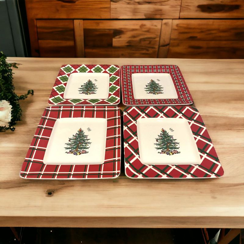 Spode Christmas Tree Tartan Square Canape Plate, Set of 4 Plates for Salad, Appetizers, Sweets and Desserts, 2 of 7