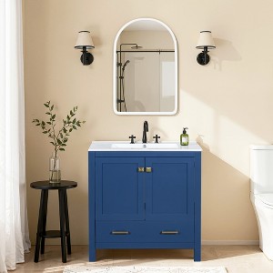 Wooakway Blue Solid Wood Frame Bathroom Vanities with White Arched Mirror Cabinet Soft-Close Doors Drawer Integrated Sink Storage Cabinet for Bathroom - 1 of 4