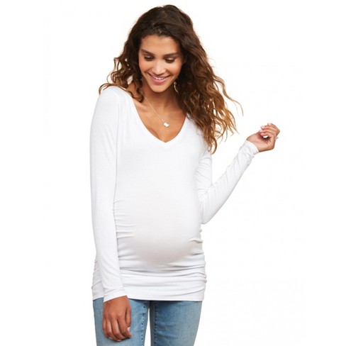 Motherhood Maternity Womens Long Sleeve V-Neck Side Ruched Tee Shirt T-Shirt