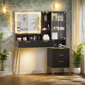 Garvee Modern Makeup Vanity Desk Set,Elegant Fluted Vanity Desk With Acrylic Protective Door,5 Drawers and Storage Shelf(2-Parcel Sent) - 1 of 4