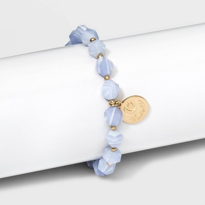 14K Gold Flash Plated Blue Lace Agate 'Protect' Charm Beaded Stretch Bracelet - Worn Gold