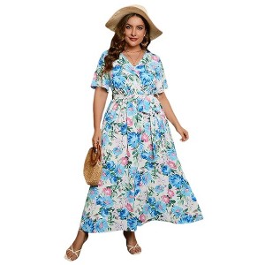 Womens Plus Size V Neck Wrap Maxi Dress High Waist Ruffle Summer Casual Dress with Belt - 1 of 4
