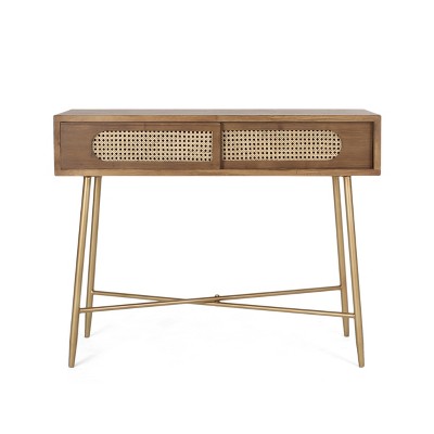 Christopher Knight Home Tuttle Rustic Glam Console Table with Cane Accents, Walnut/Natural/Antique Gold