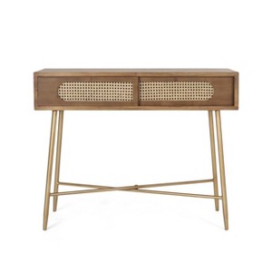 Christopher Knight Home Tuttle Rustic Glam Console Table with Cane Accents, Walnut/Natural/Antique Gold - 1 of 4