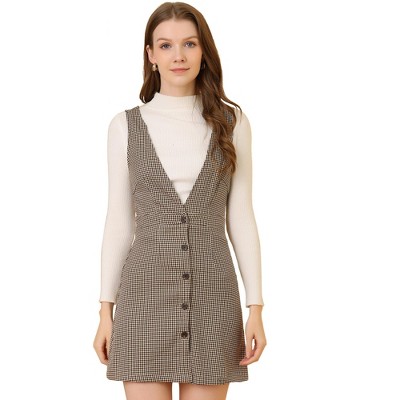 Allegra K Women's V Neck Gingham Check Pinafore Overalls Suspenders Plaid Print Dress