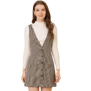 Allegra K Women's V Neck Gingham Check Pinafore Overalls Suspenders Plaid Print Dress - 1 of 4