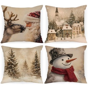 18x18 Christmas Throw Pillow Covers Set of 4, Snowman Santa Reindeer Vintage Christmas Pillow Cover - 1 of 4