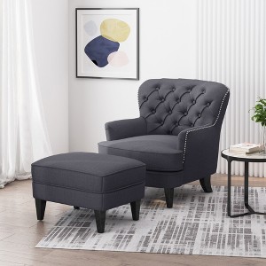 33" 100% Polyester Fabric Club Chair with Ottoman Set and Birch Legs for Living Room - 1 of 4