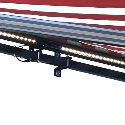Red and White Striped Motorized Patio Awning with LED Lights