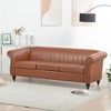 83.46" Brown PU Rolled Arm Chesterfield 3-Seater Sofa with Nailhead Trim and Quilted Backrest - 2 of 4
