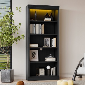 83.4" Tall Wooden Bookcase with LED Light Strip, 5-Tier Adjustable Bookshelves & Storage Organizer for Living Room & Home Office, Black - ModernLuxe - 1 of 4