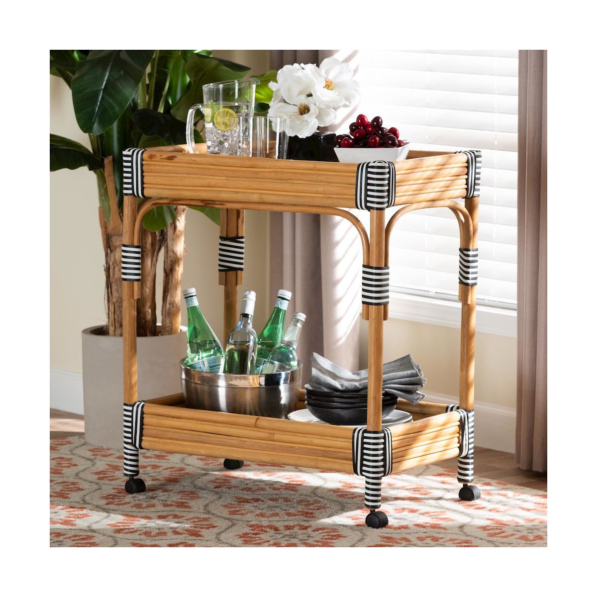 bali & pari,Carmine Natural Rattan Kitchen Cart - 2-Tier Handwoven Wicker Storage Trolley - thumbnail 8