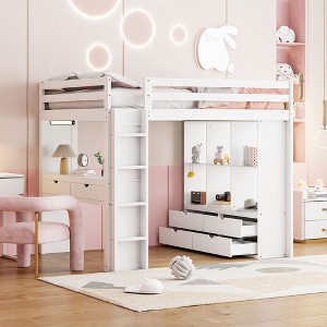 NicBex Full Size Bunk Bed Loft Bed with Desk Wooden Bed Frame with Shelves, Drawers, Ladder and Full Length Guardrail, No Box Spring Required - 1 of 4