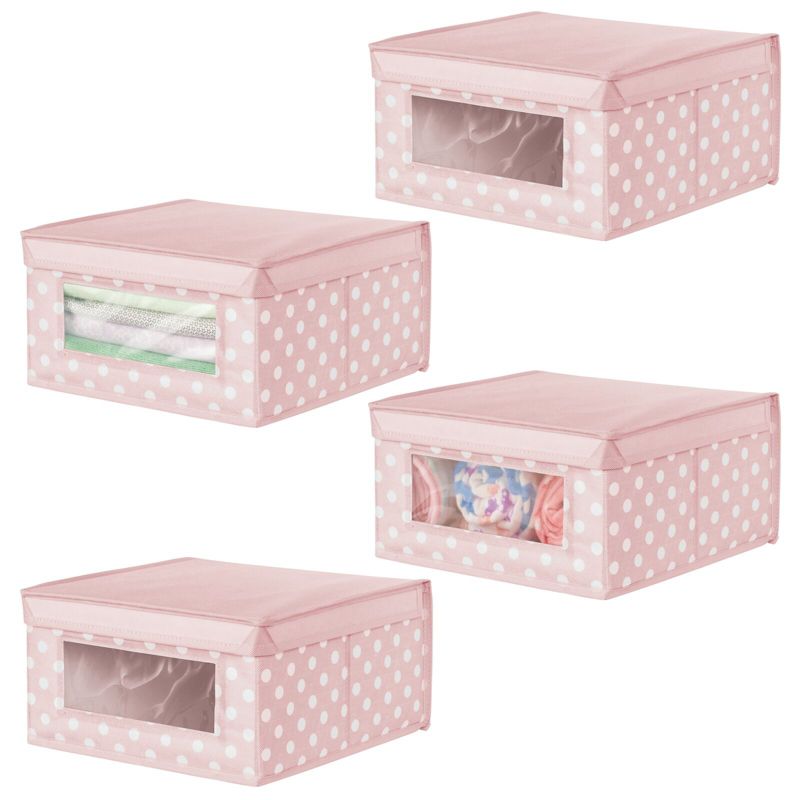 mDesign Medium Fabric Nursery Box with Lid/Window, 4 Pack, Pink/White Polka Dot, 1 of 10