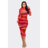 Slickblue Women's Glitch Print Mesh Ruched Midi Dress, Long Sleeve Smock Neck, Tomato/Yellow, Size S-L - 2 of 4
