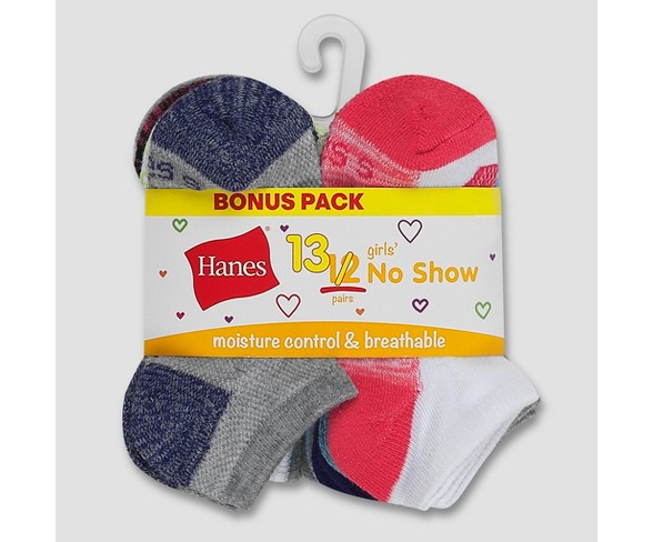 Hanes Girls' Cool Comfort No Show Socks, 12-Pair Pack, Banded
