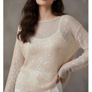 Women's Crew Neck Long Sleeve Sheer Knit Sequin Embellished Loose