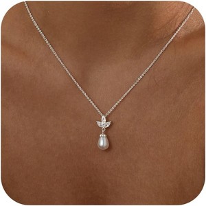 Gold Plated Pearl Lariat Necklace for Women, Dainty Beaded Drop Choker Vintage Style Silver-Silver pearl necklace - 1 of 4