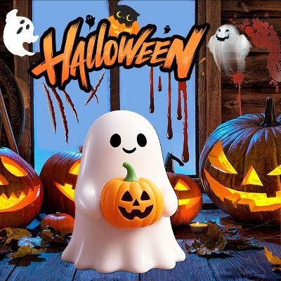 Hachikiko Cute Ghost Figurine Holding Pumpkin,Halloween Decor Statue for Home & Gift
