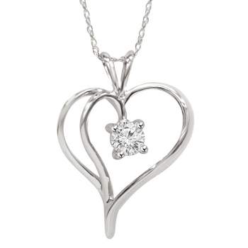 Pompeii3 1/3Ct Solitaire Round Diamond Heart Pendant & Chain 10K White Gold 1" Tall