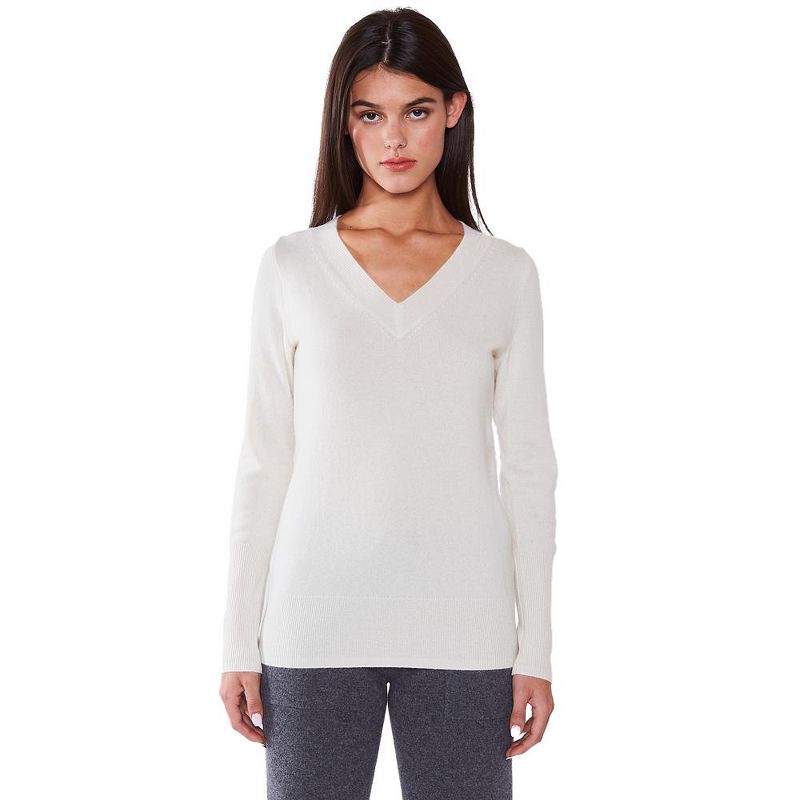 JENNIE LIU Women's 100% Pure Cashmere Long Sleeve Ava V Neck Pullover Sweater, 1 of 4