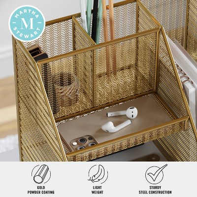 Gold Mesh Metal Large Desktop Organizer with File and Pen Holders