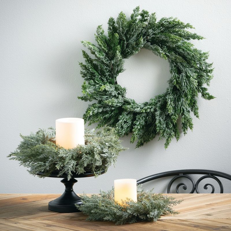 23"H Sullivans Frosted Green Cedar Wreath, Green Winter Wreaths For Front Door, 3 of 4