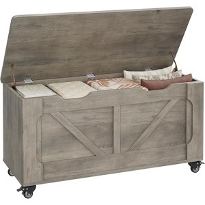 39.4" Wooden Storage Chest Bench w/ 4 Wheels & Safety Hinges - Supports 350lbs, Round Corners & U-Cutout for Entryway, Living Room - 1 of 4