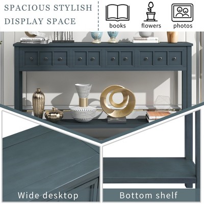 Wide desk top and bottom shelf display of console table