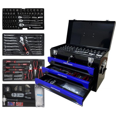 Mechanic Tool Set for Home,3-Tier Socket Wrench Ratchet Plier Nails, Home Tool Set Mechanics Kit with 3 Drawers Organizer for Adults Man Handyman