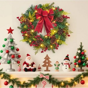 TackView 24''PVC Christmas Wreath, Red Gold Pine Tree Wreath for Front Door, Fireplace and Table,Floral Pine Needle Ball Decoration - 1 of 4