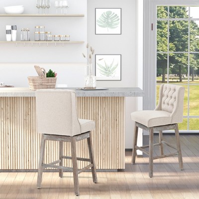 TOAOTBNBOB 180°Swivel Bar Stools Set of Two, Wood Bar Chairs with Footrests and Button Tufted Back, Bar Height Barstools for Kithcen Island, Beige