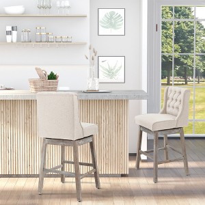 TOAOTBNBOB 180°Swivel Bar Stools Set of Two, Wood Bar Chairs with Footrests and Button Tufted Back, Bar Height Barstools for Kithcen Island, Beige - 1 of 4