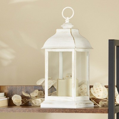 Distressed White LED Lantern with Built-In Candle