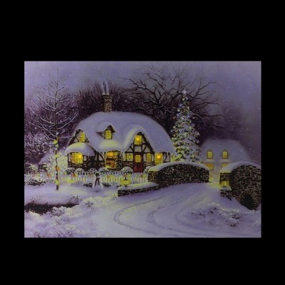 White Snowy Christmas Cottage Canvas Wall Art with LED Lights
