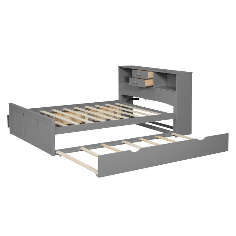 Full Size Wood Pltaform Bed with Twin Size Trundle, 3 Drawers, Upper Shelves and USB Ports 4A - ModernLuxe, 4 of 10