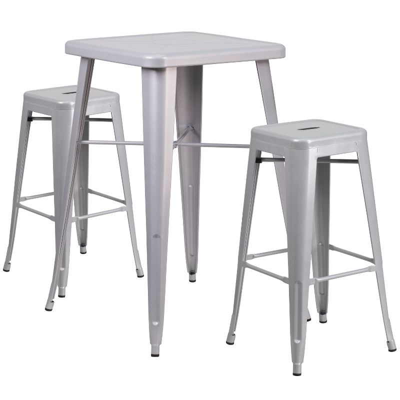 Flash Furniture Commercial Grade 23.75" Square Metal Indoor-Outdoor Bar Table Set with 2 Square Seat Backless Stools, 1 of 5