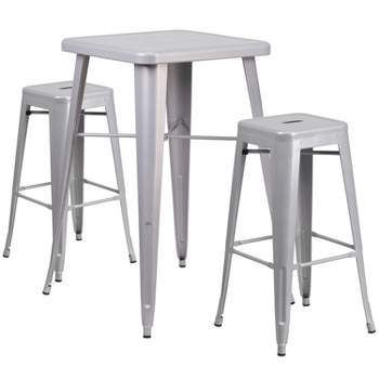 Flash Furniture Commercial Grade 23.75" Square Metal Indoor-Outdoor Bar Table Set with 2 Square Seat Backless Stools
