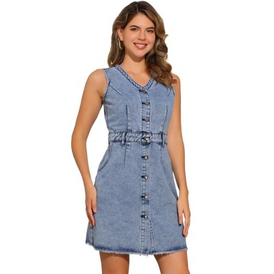 INSPIRE CHIC Women's Sleeveless Button Down V Neck Pockets Work Office Casual Mini Denim Dress