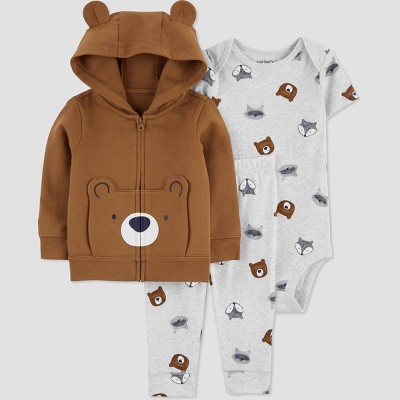 Image of Carter's Just One You® Baby Boys' Bear Cotton Cardigan & Bodysuit Set - Brown 3M