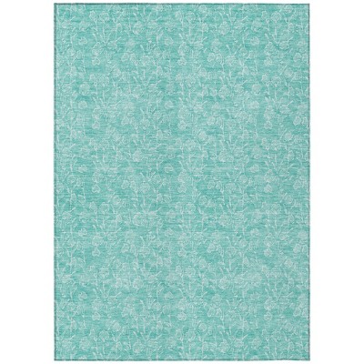 Teal Blue And Ivory Floral Washable Indoor Outdoor Area Rug